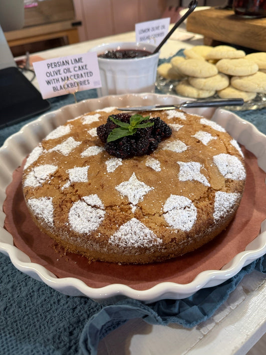 Persian Lime Olive Oil Cake with Macerated Blackberries