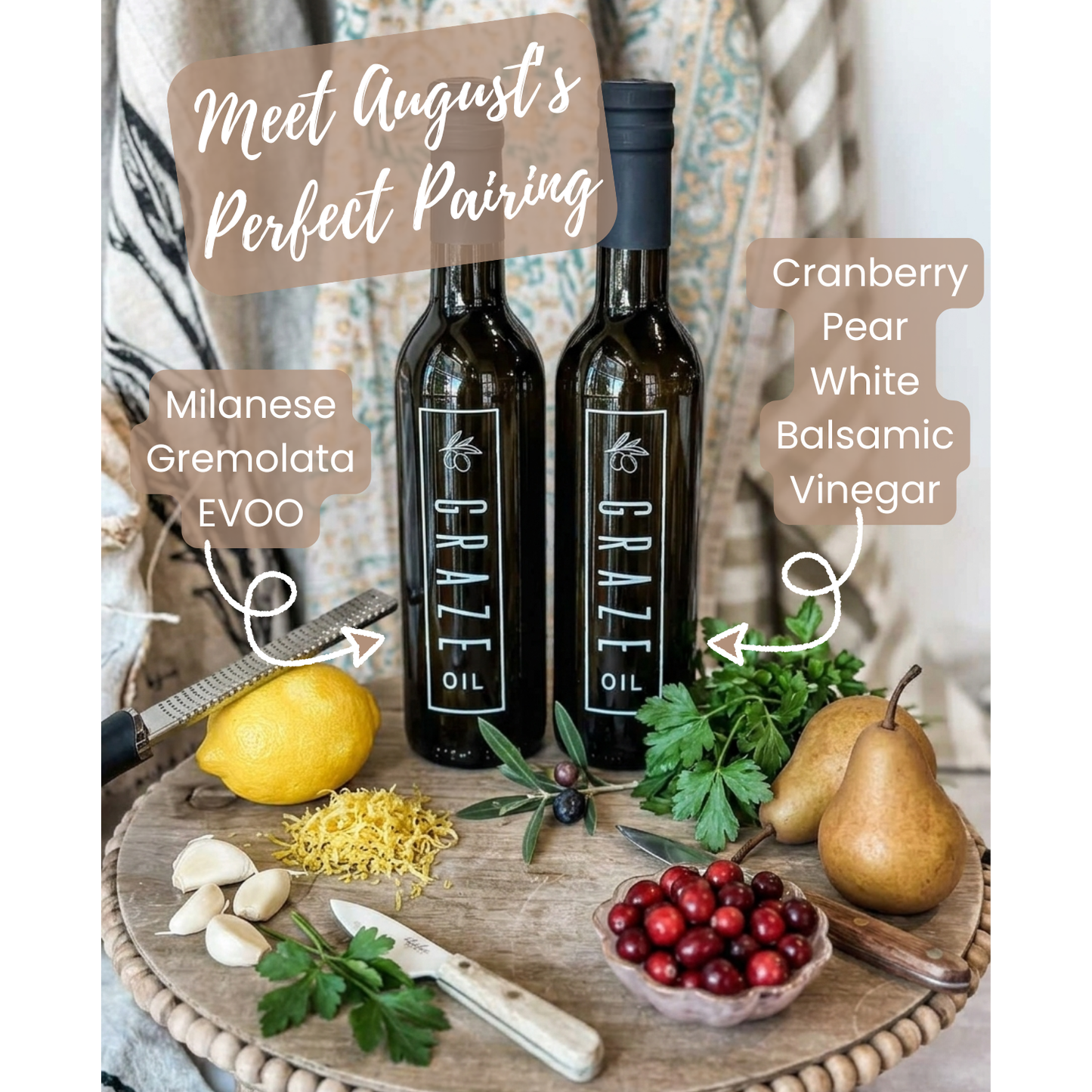 August Perfect Pairing — Milanese Gremolata EVOO + Cranberry Pear White Balsamic + Free Shipping