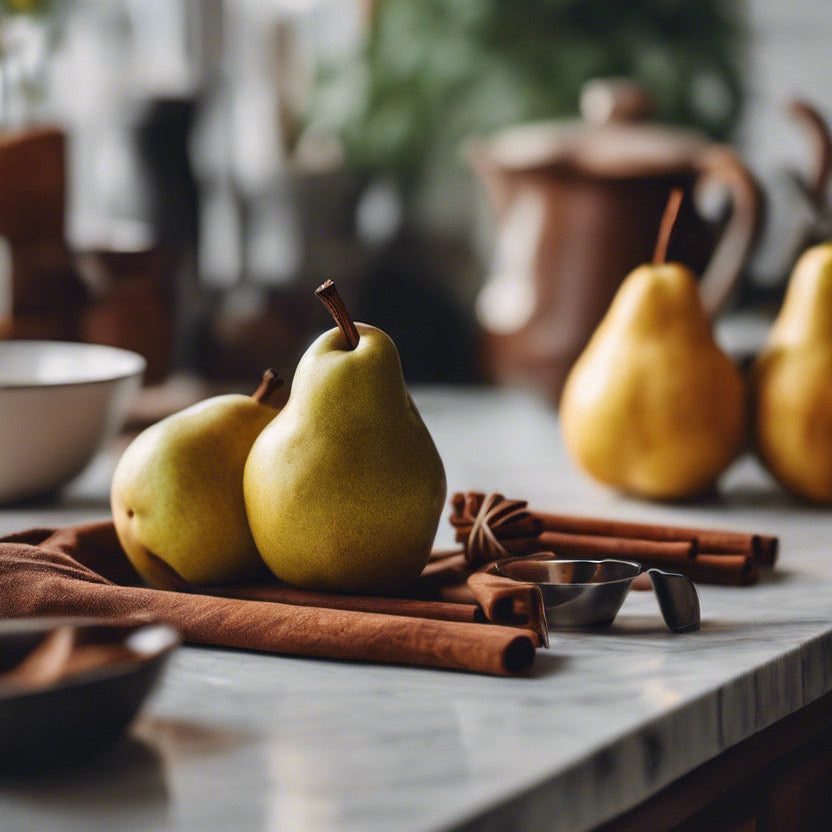 Pears on a kitchen counter with cinnamon sticks and a blurred background
