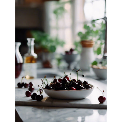 Bowl of cherries on a marble surface with a blurred background
