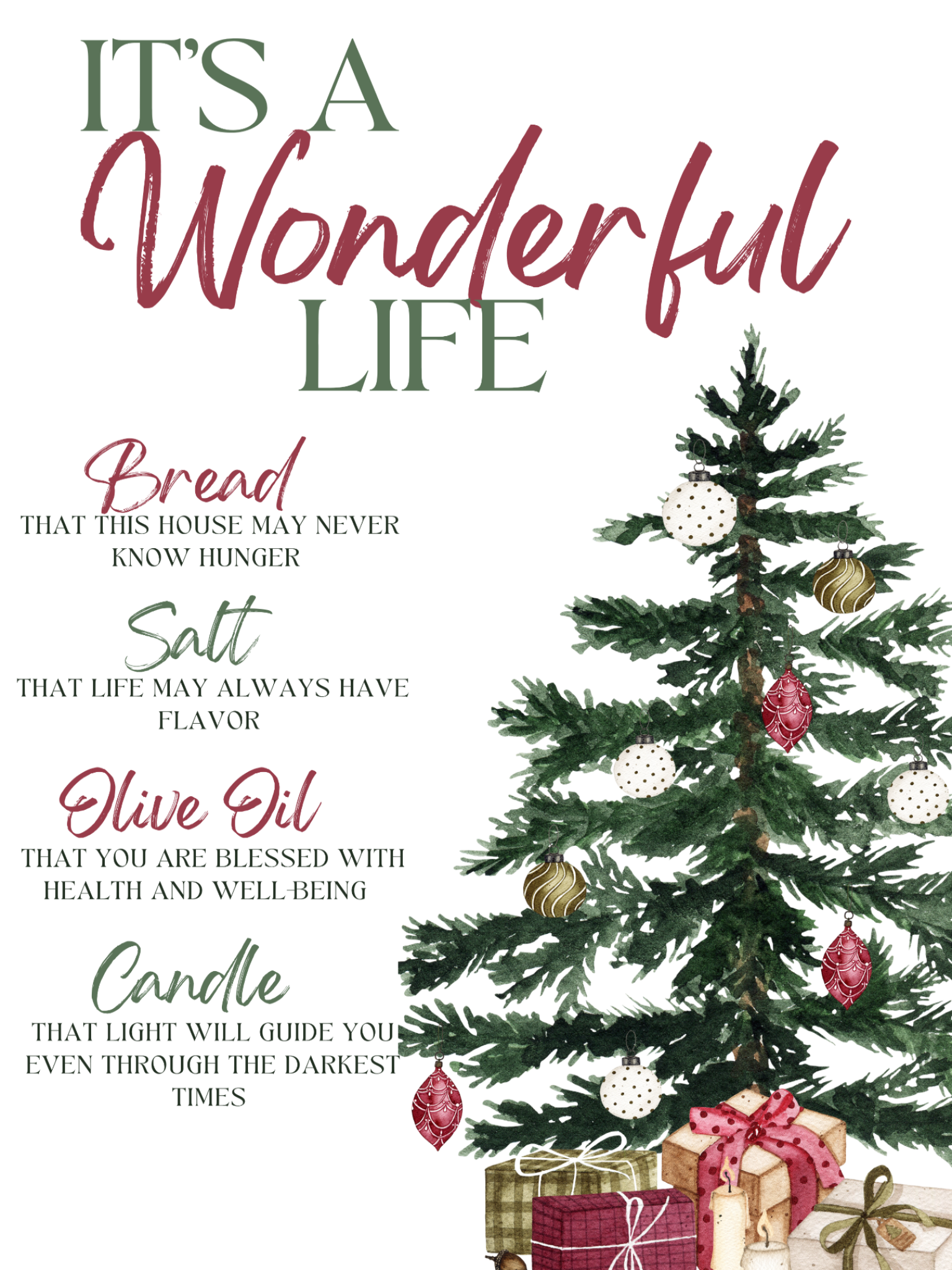 Decorative Christmas card with a tree, presents, and text about life's necessities. Graze Oil Wonderful life card. MAY NOT COPY