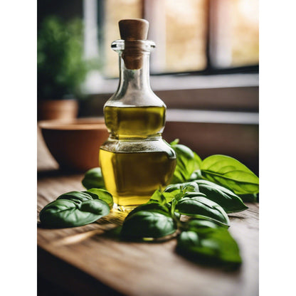 Bottle of olive oil with basil leaves on a wooden surface