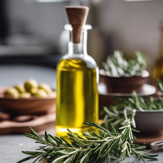 Bottle of olive oil with rosemary on a kitchen counter